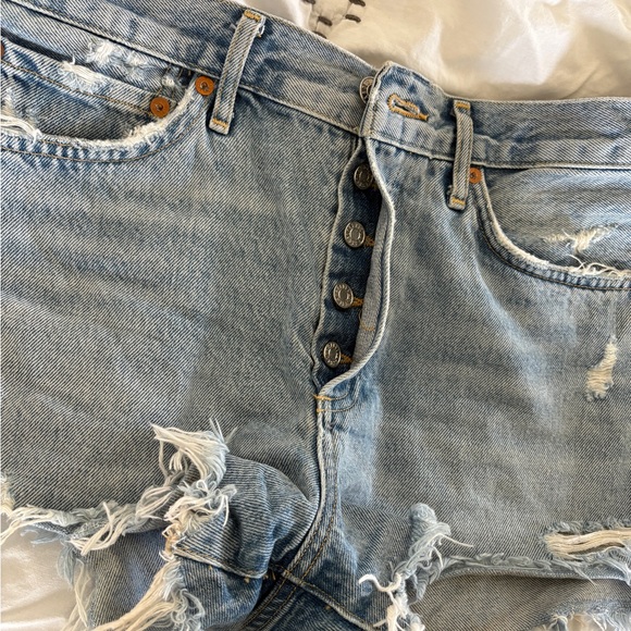 Agolde Light Blue Distressed Denim Jean Shorts - Picture 5 of 7